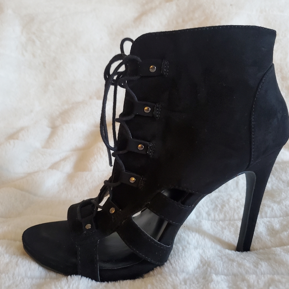 Black lace up high heel open toe bootie